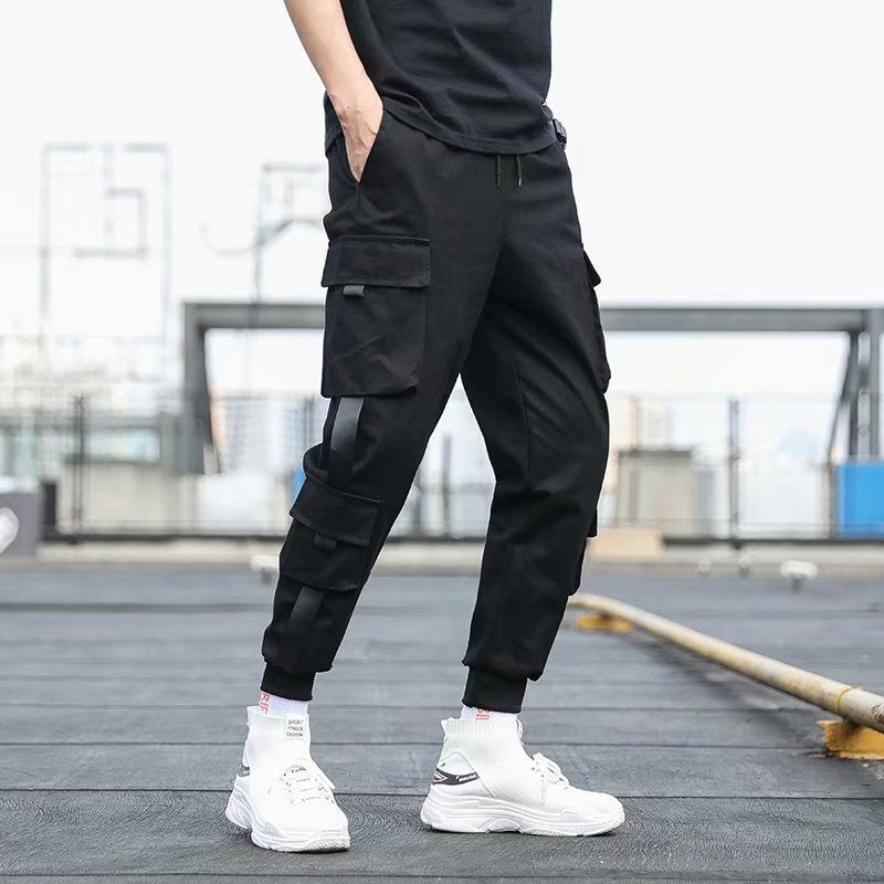 Men’s Black Techwear Cargo Pants – Functional Loose-Fit Overalls with Belt