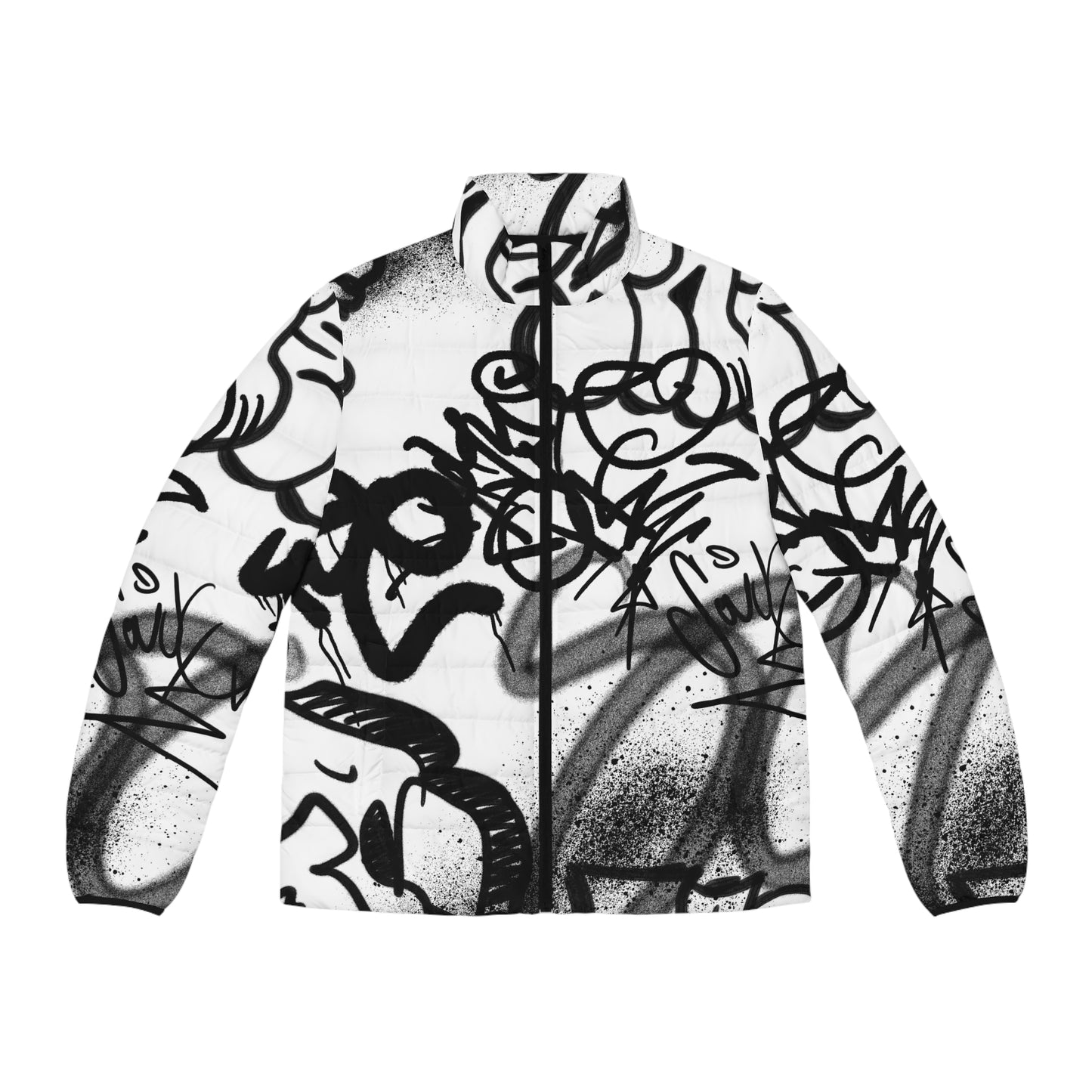 Men's White Puffer Jacket with Edgy Black Graffiti Print