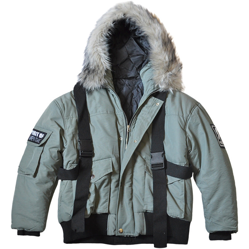 Men's Green Cargo Jacket with Fur Hood