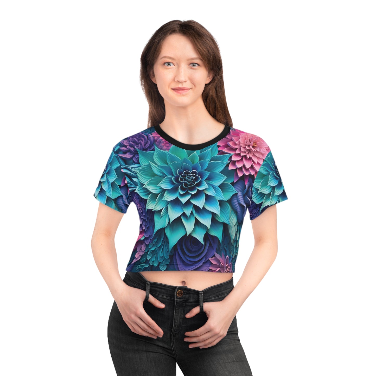 3D Blue Lotus Flower Crop Tee