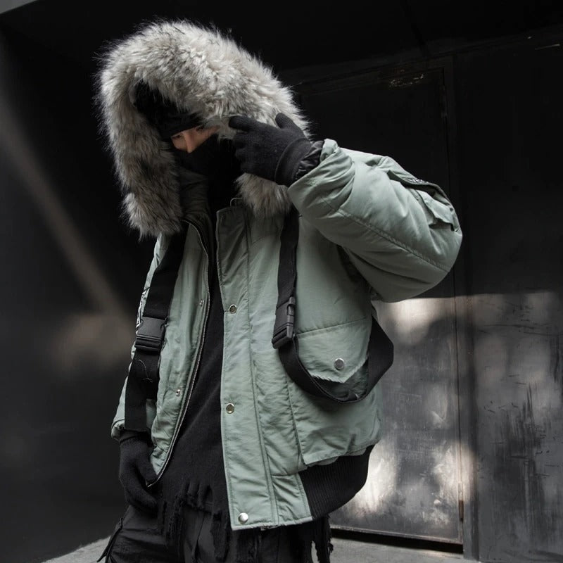 Men's Green Cargo Jacket with Fur Hood