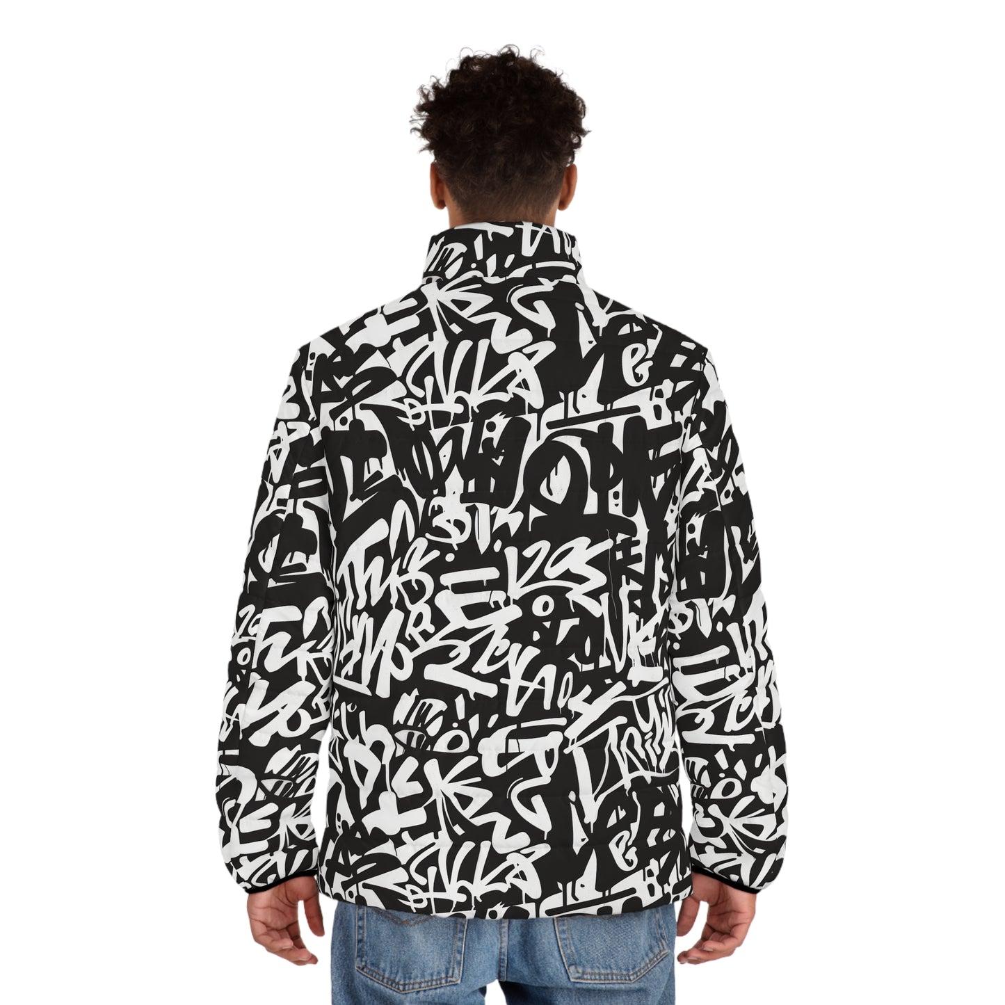 Men's Puffer Jacket with Abstract Black & White Graffiti Print