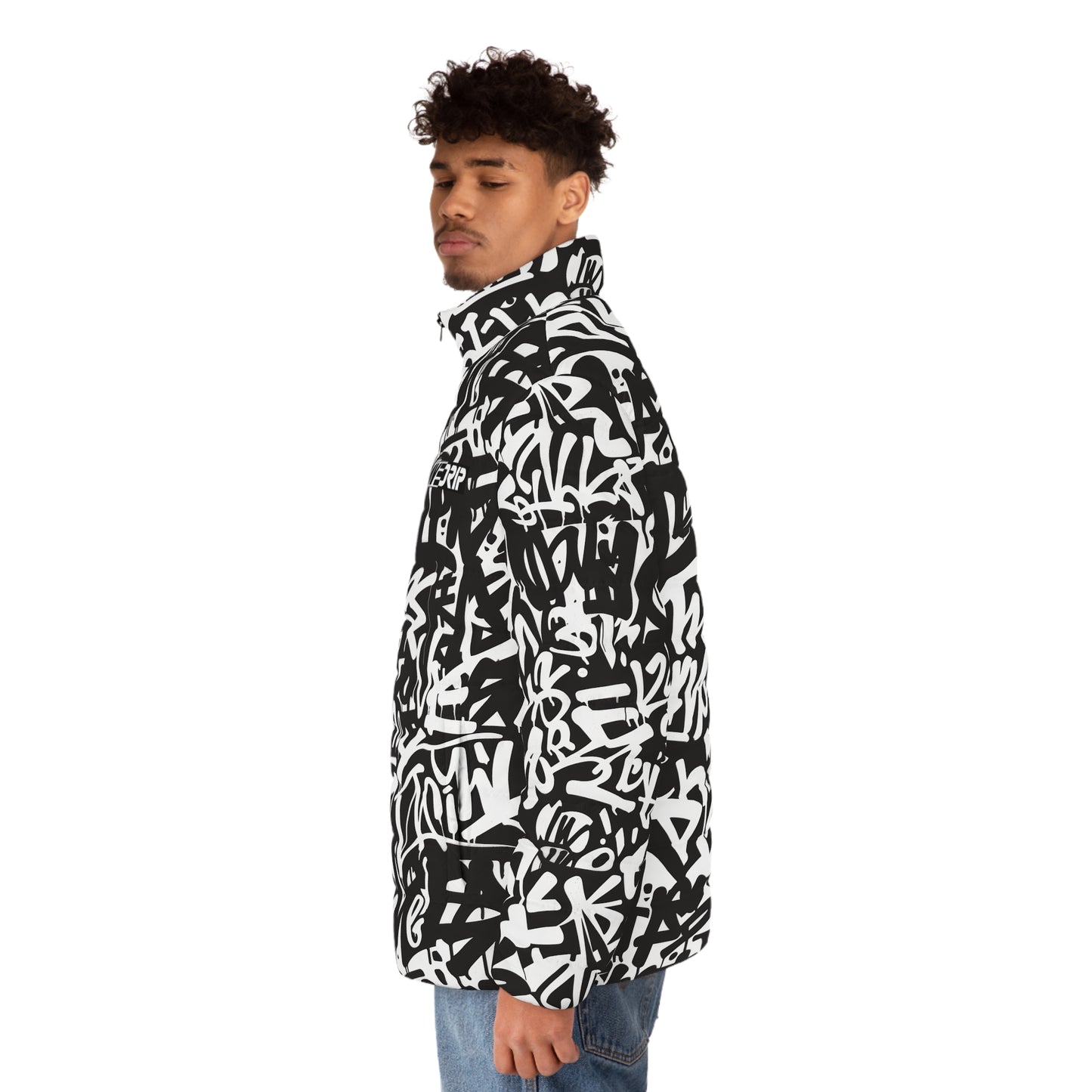 Men's Puffer Jacket with Abstract Black & White Graffiti Print