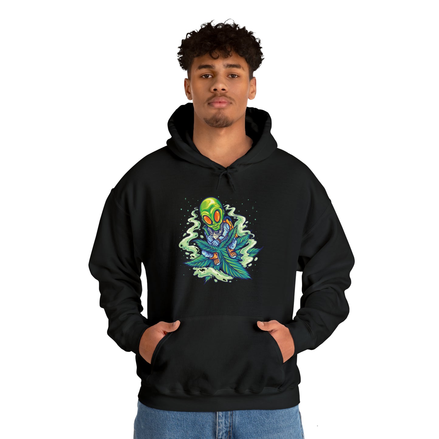 Alien Flying On Cannabis Leaf Unisex Heavy Blend Hoodie