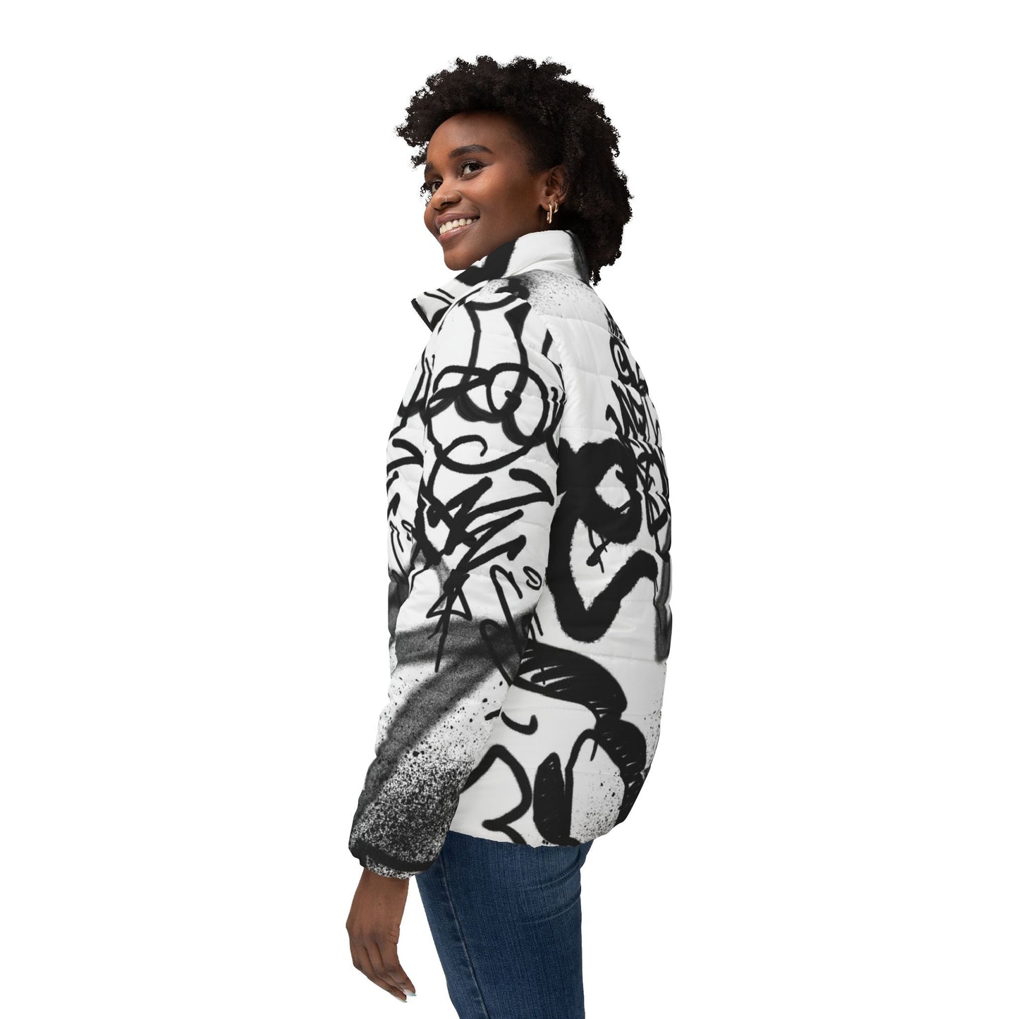 Women's White Puffer Jacket with Edgy Black Graffiti Print