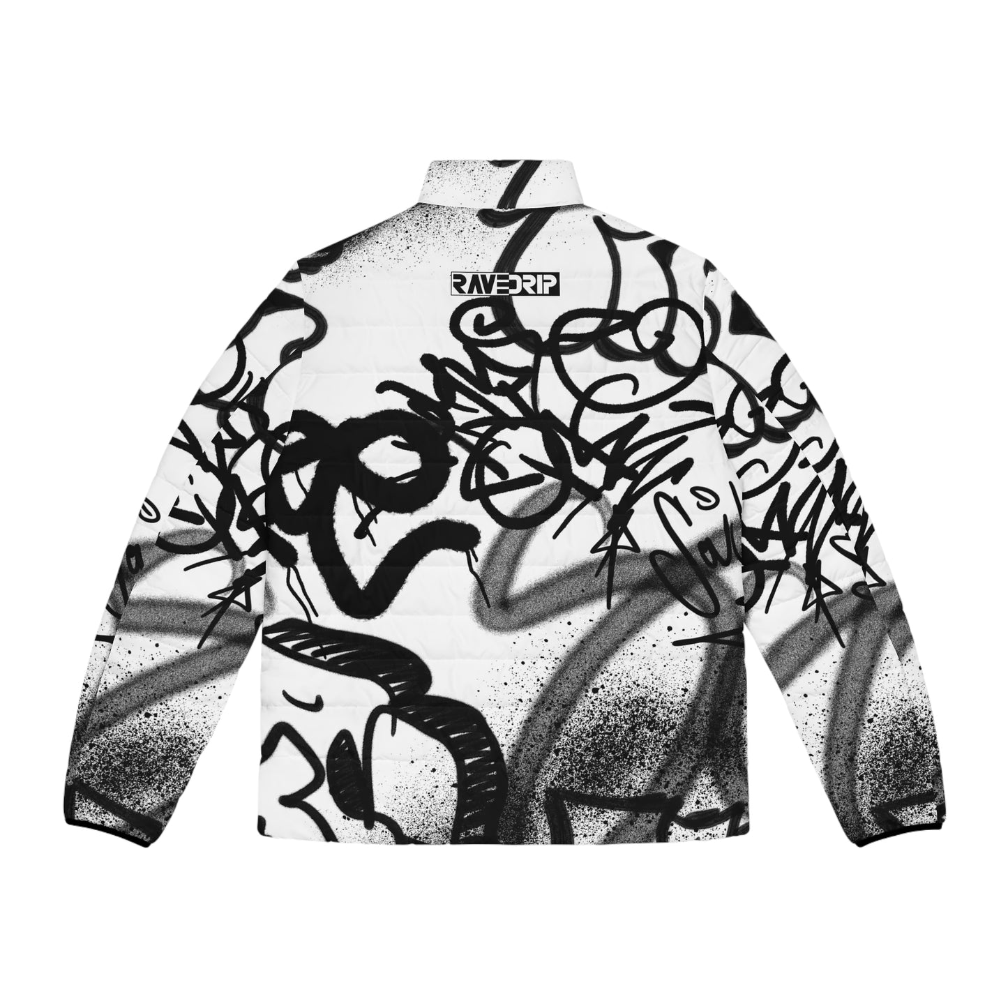 Men's White Puffer Jacket with Edgy Black Graffiti Print