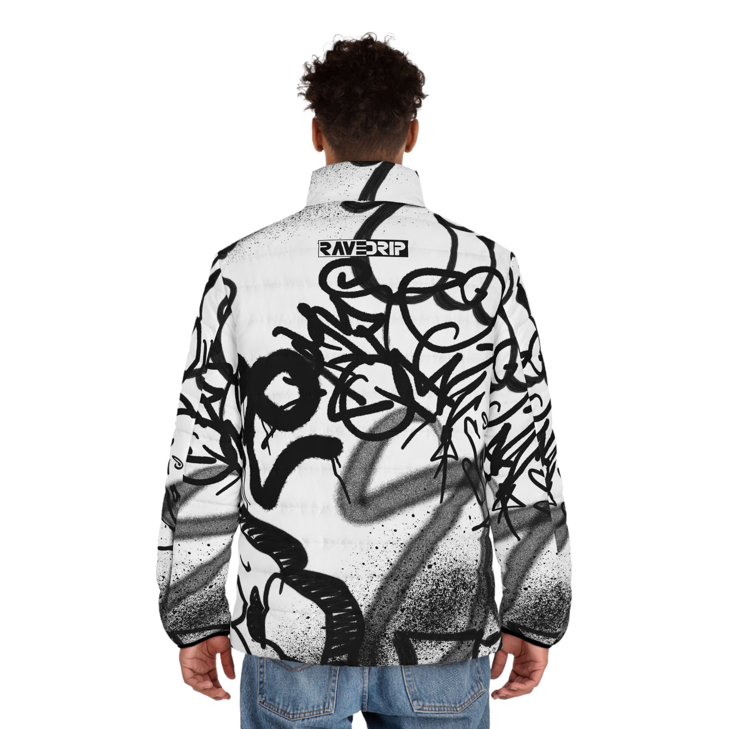 Men's White Puffer Jacket with Edgy Black Graffiti Print