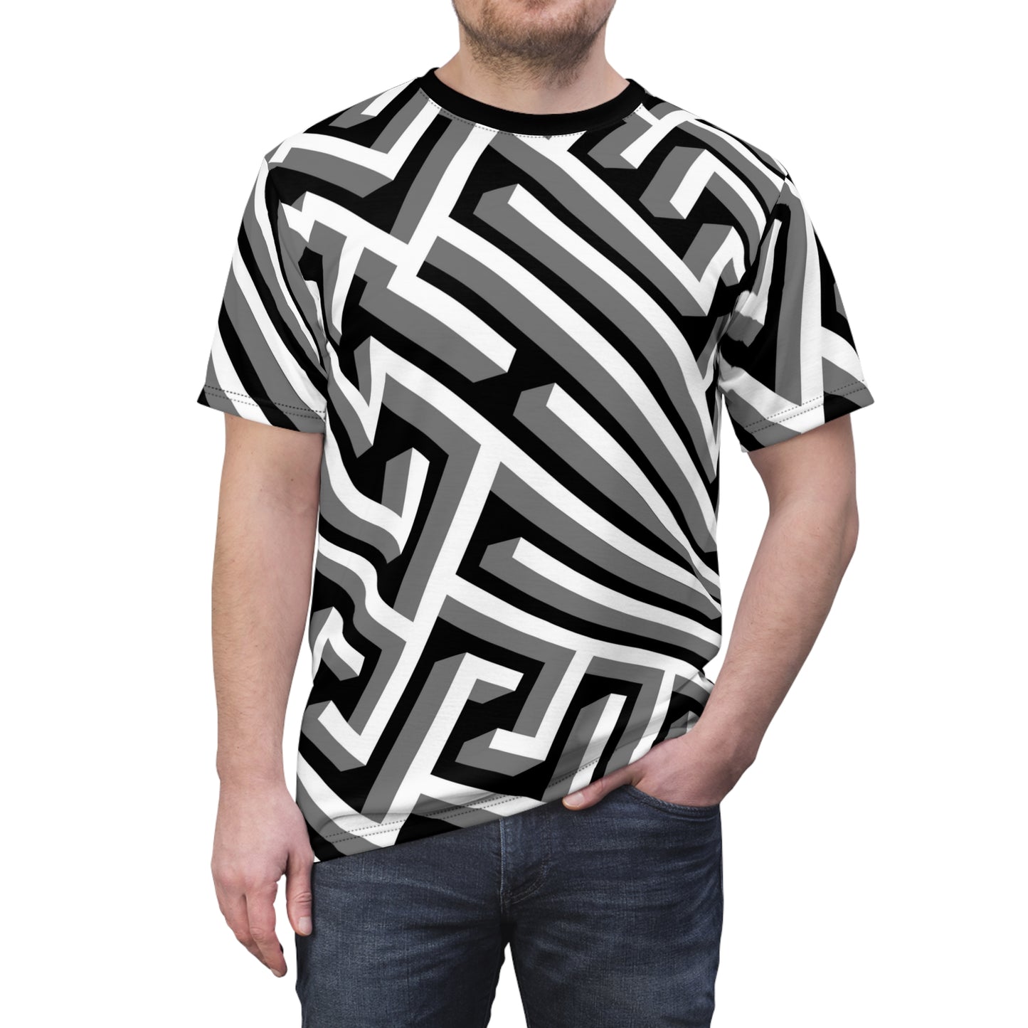 3D Black & White Maze Pattern T-Shirt