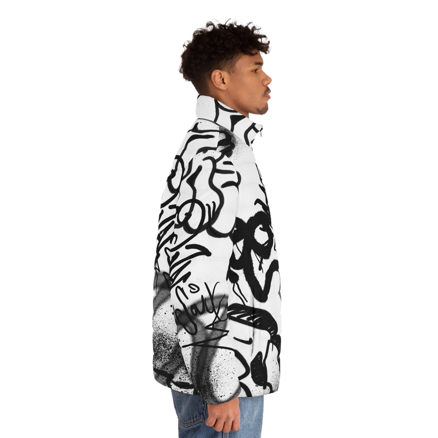 Men's White Puffer Jacket with Edgy Black Graffiti Print