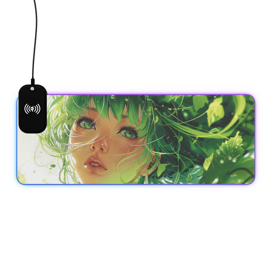 Anime Girl in Green 15W Wireless Charging LED Gaming Mouse Pad