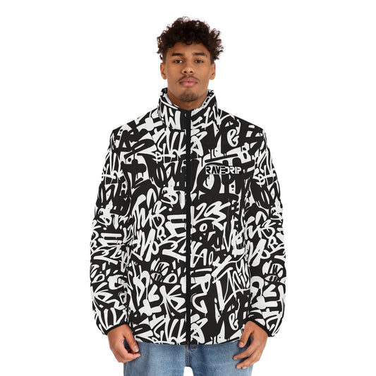 Men's Puffer Jacket with Abstract Black & White Graffiti Print