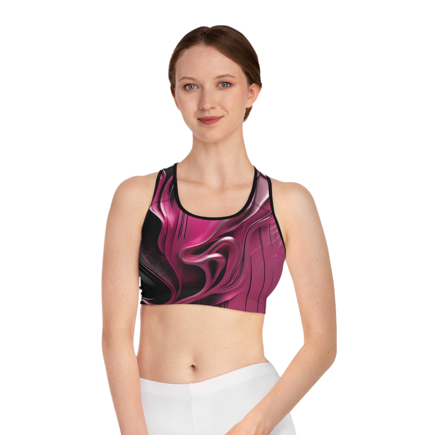 3D Abstract Pink & Black Sports Bra – Moisture-Wicking, Stretch & High Support