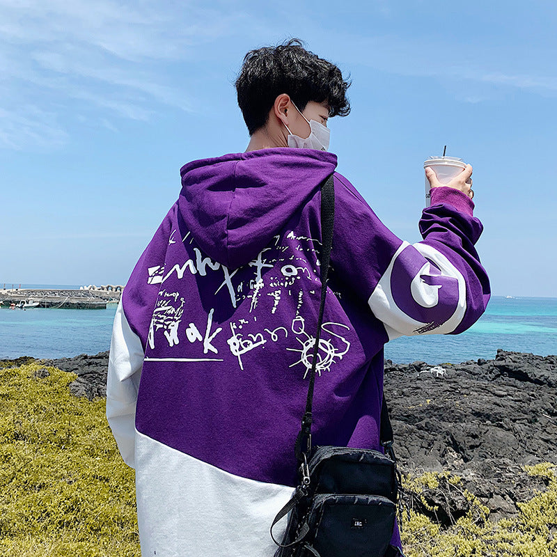 Purple White Printed Hoodie for Men