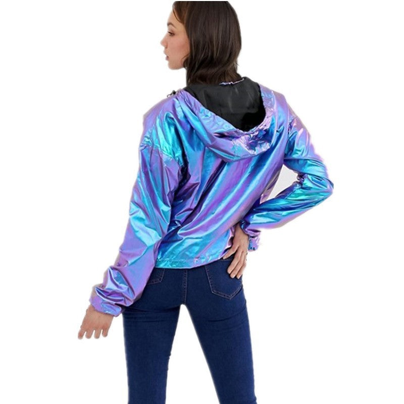 Purple Blue Metallic Loose Hooded Jacket