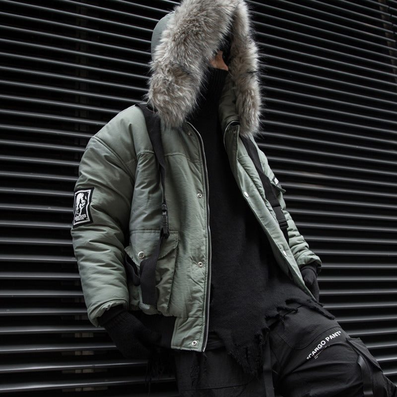 Men's Green Cargo Jacket with Fur Hood