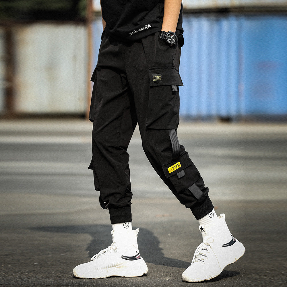 Men’s Black Techwear Cargo Pants – Functional Loose-Fit Overalls with Belt