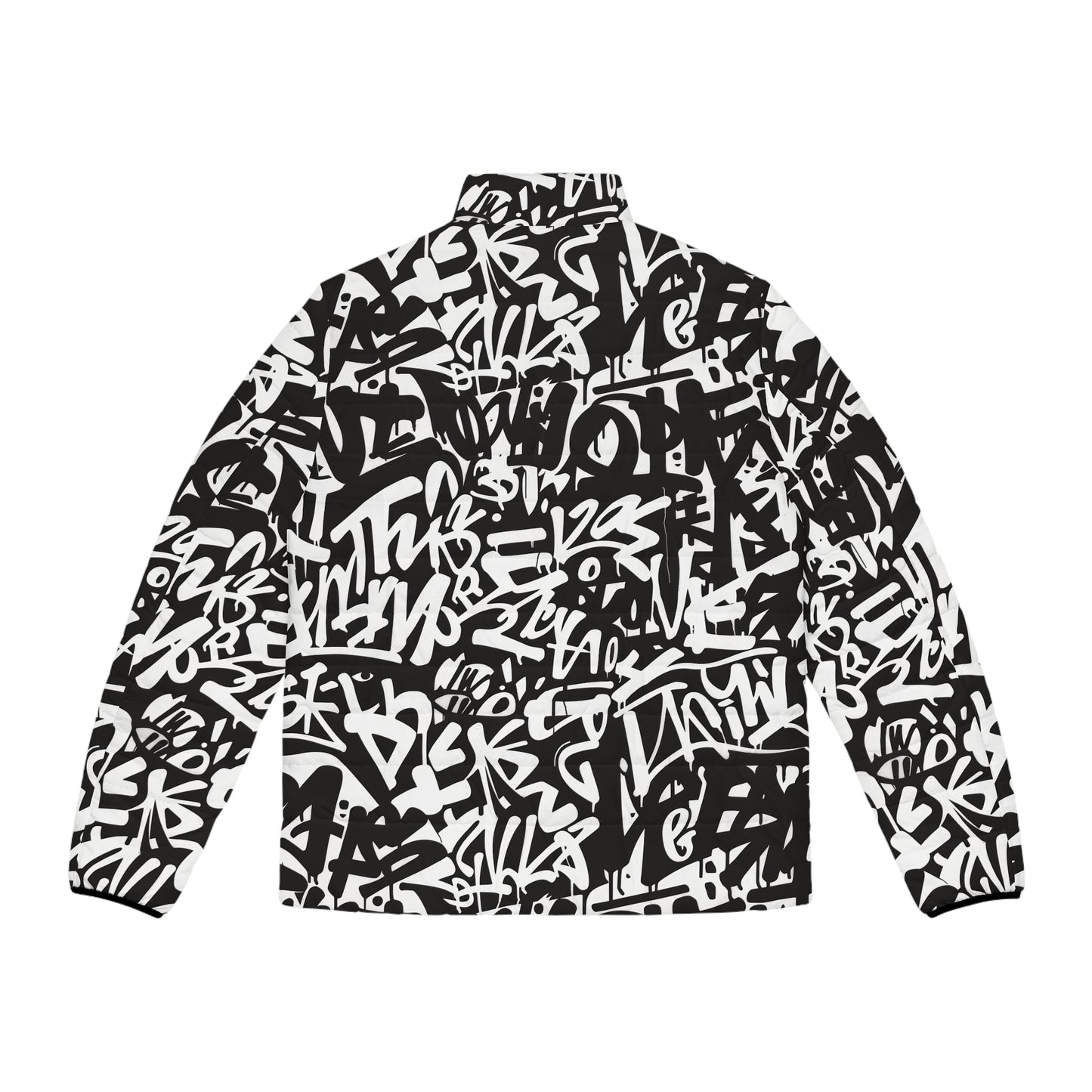 Men's Puffer Jacket with Abstract Black & White Graffiti Print