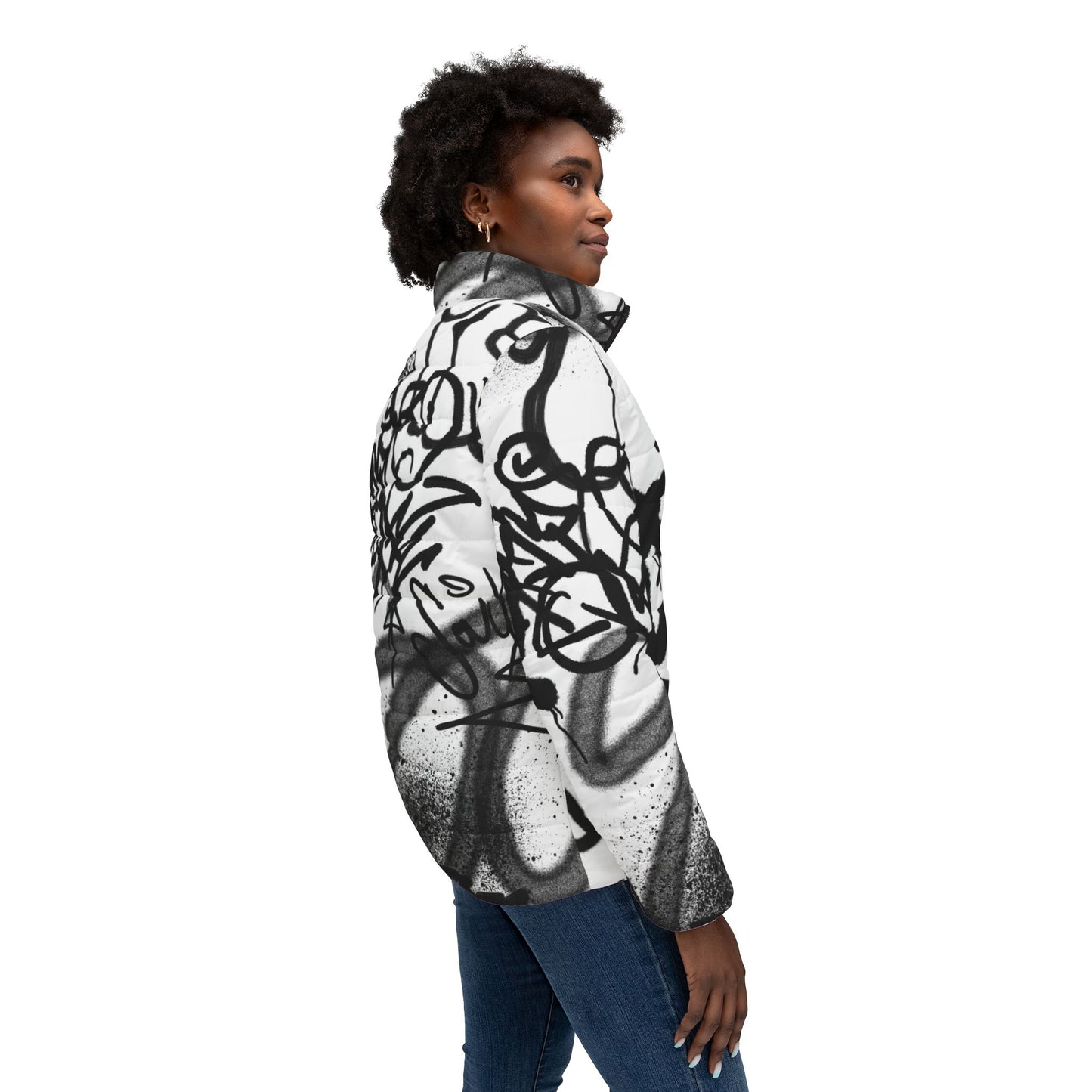 Women's White Puffer Jacket with Edgy Black Graffiti Print