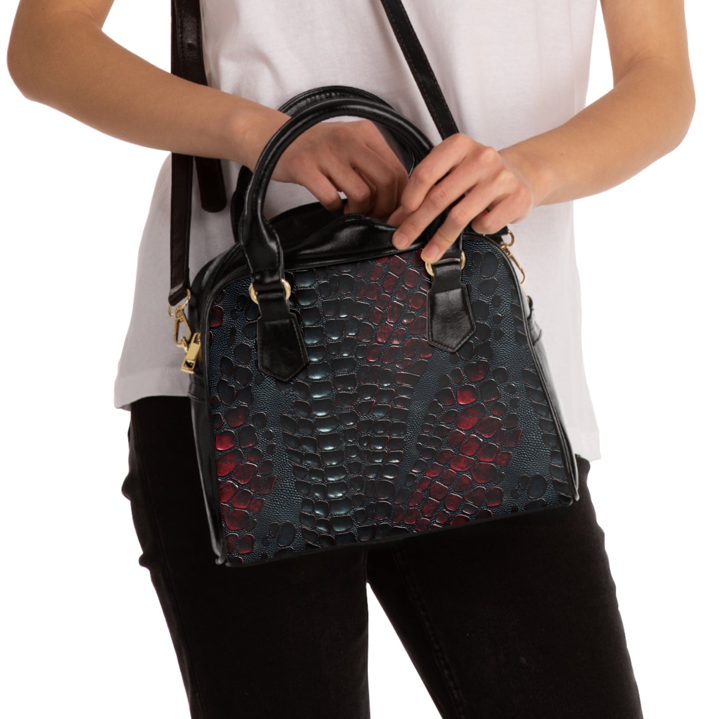 Vegan Leather Shoulder Handbag with Snake Skin Design