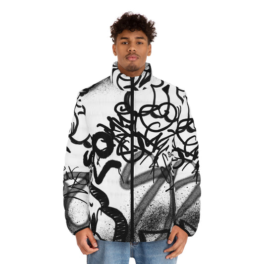 Men's White Puffer Jacket with Edgy Black Graffiti Print