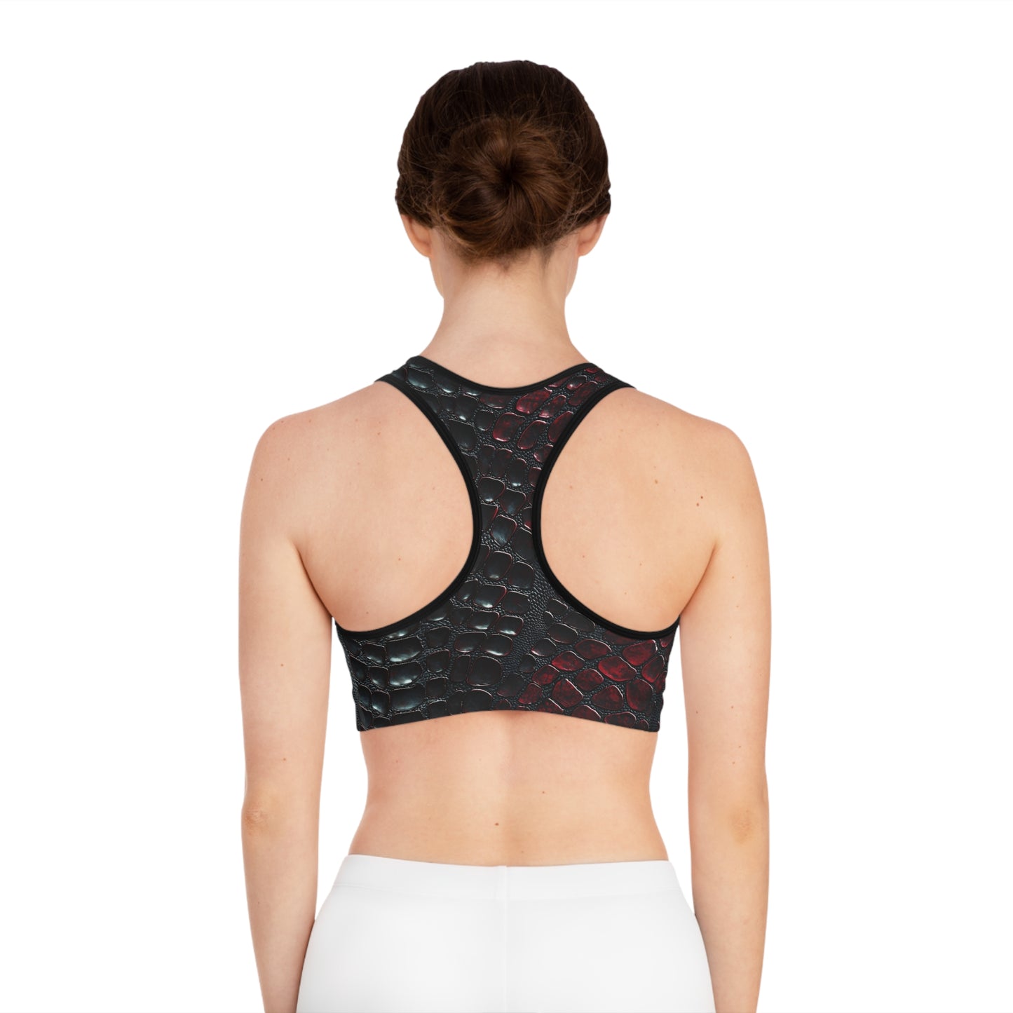 Snake Pattern Sports Bra - Sleek Black and Red Design