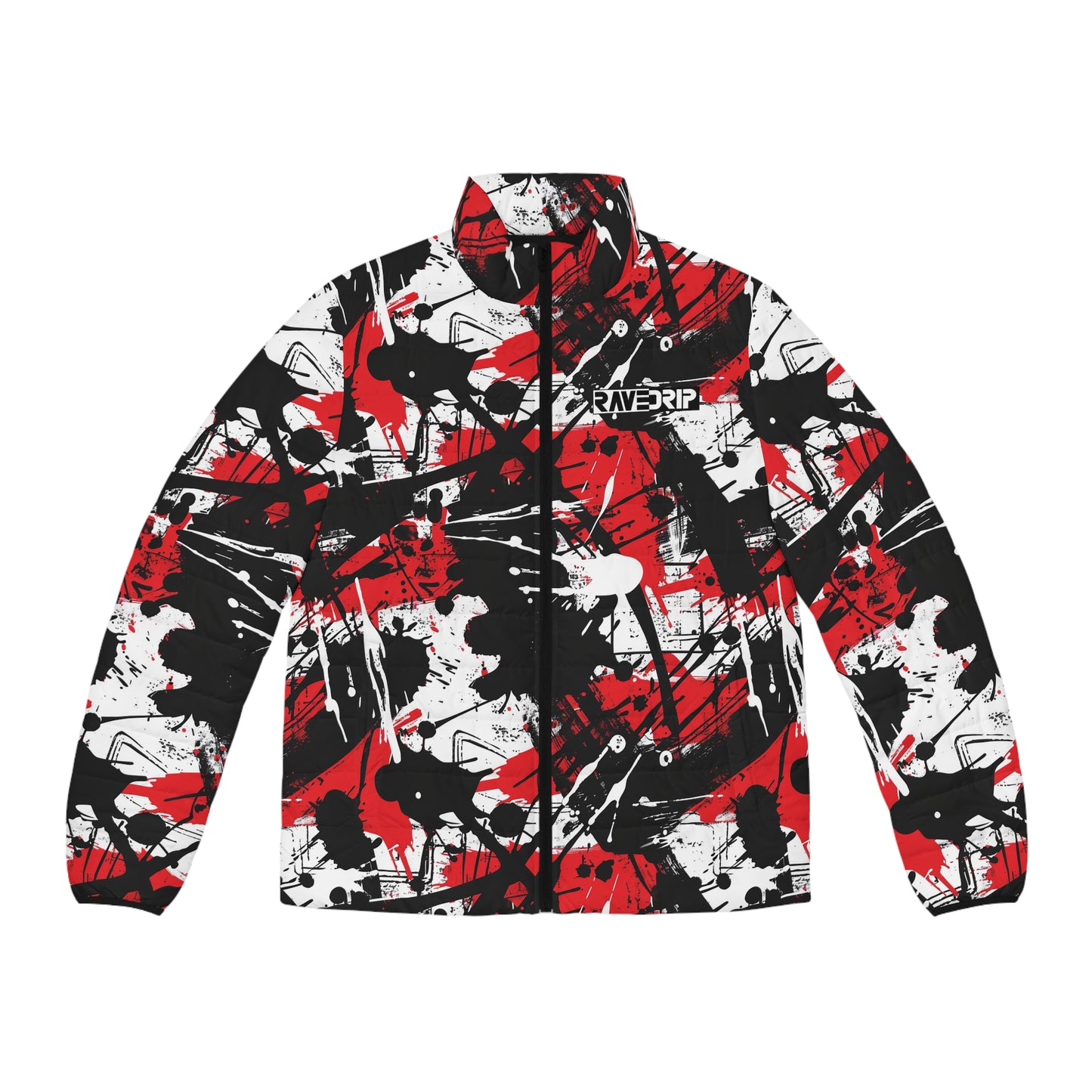 Men's Puffer Jacket with Edgy Black, Red & White Graffiti Print