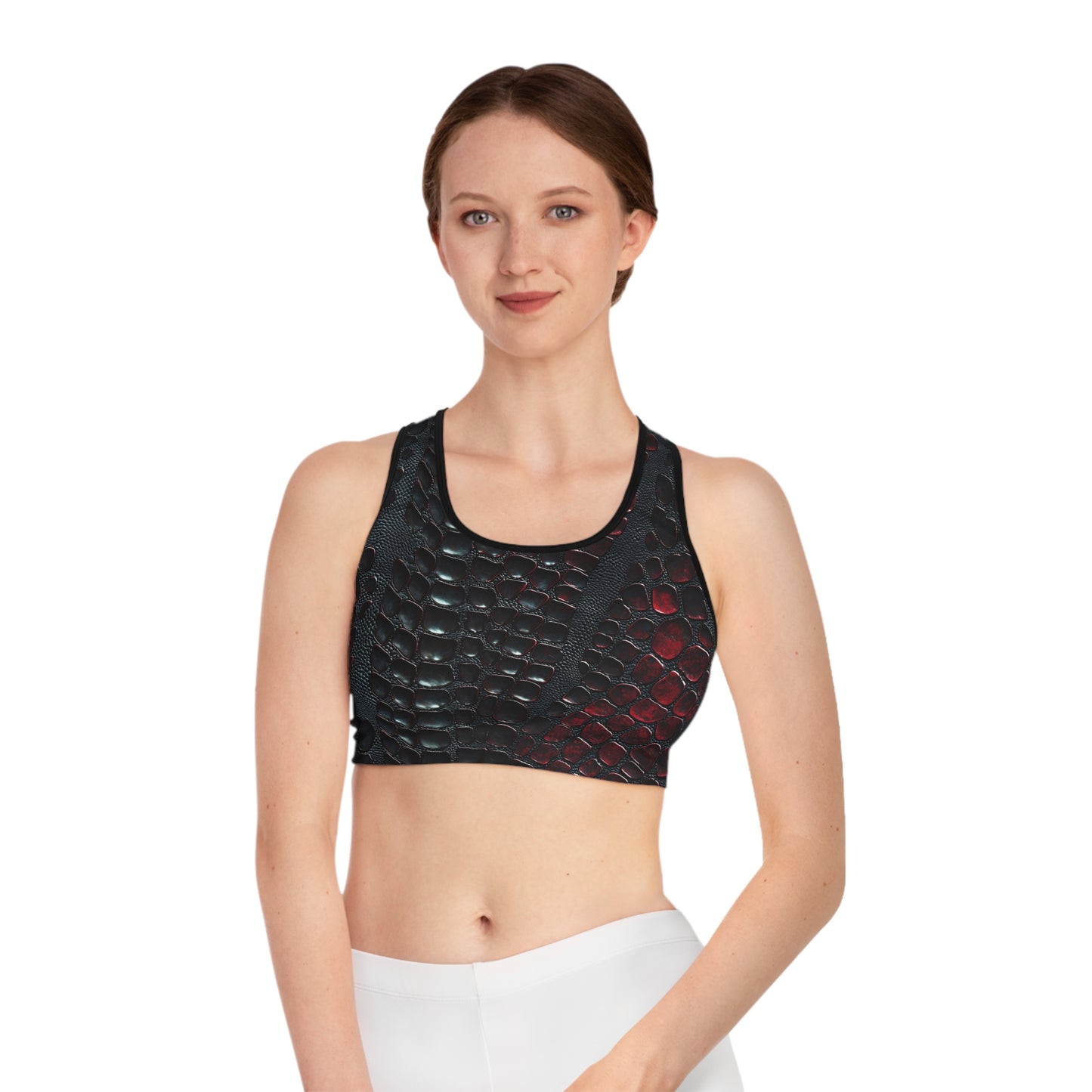 Snake Pattern Sports Bra - Sleek Black and Red Design