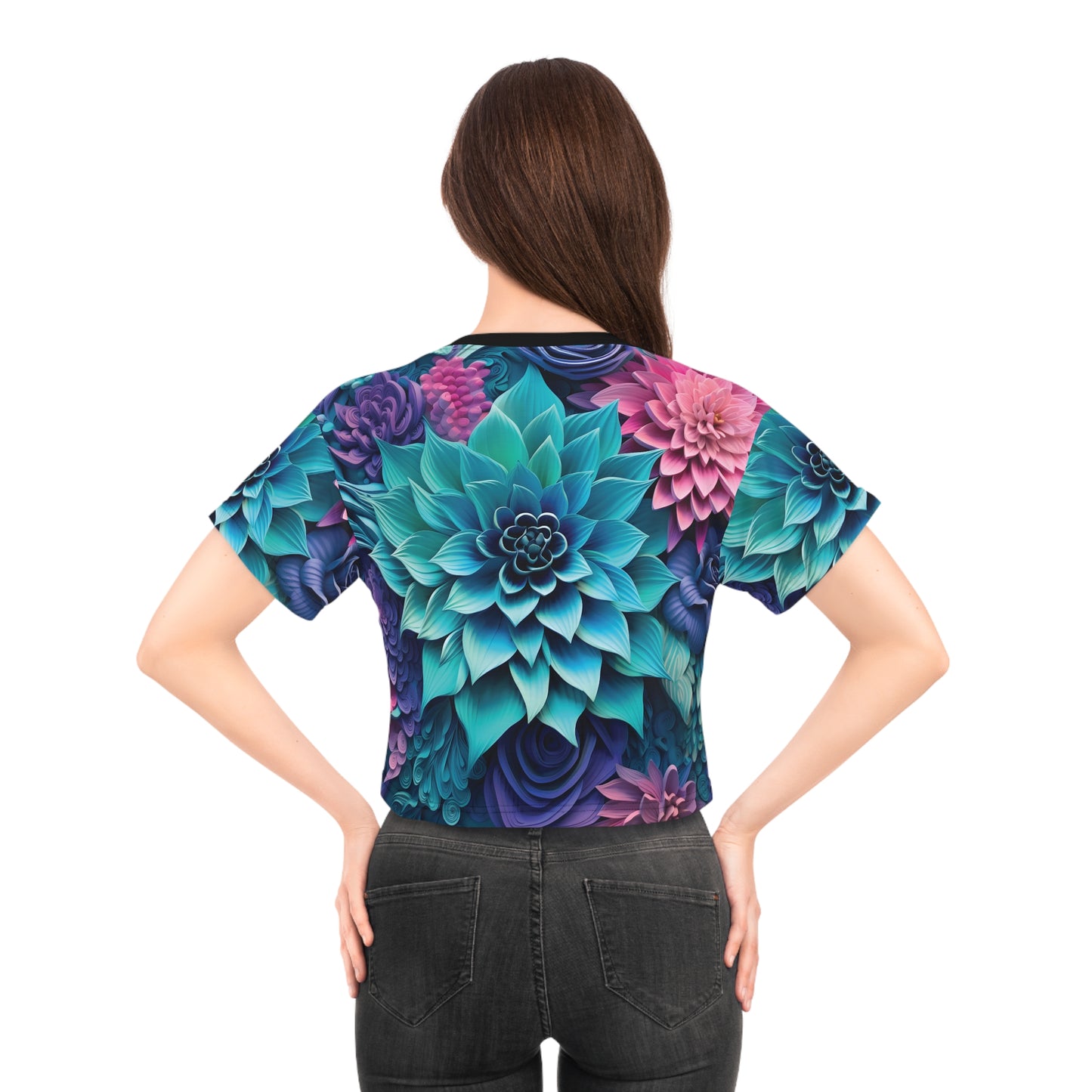 3D Blue Lotus Flower Crop Tee