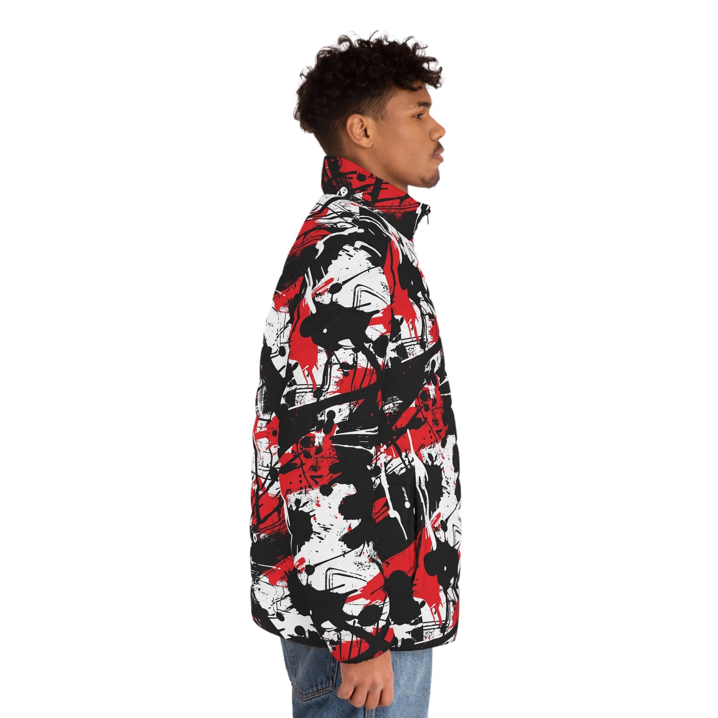 Men's Puffer Jacket with Edgy Black, Red & White Graffiti Print