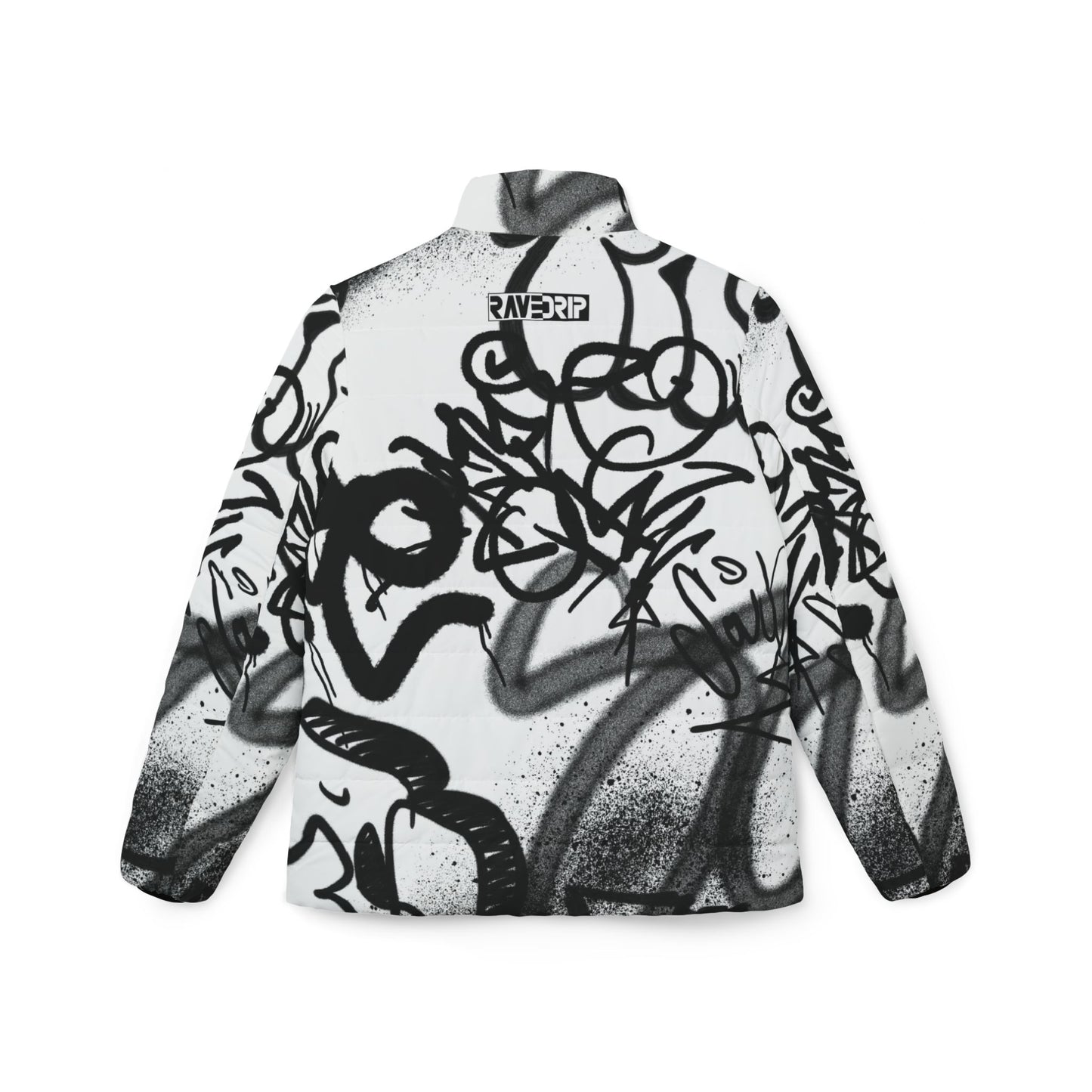 Women's White Puffer Jacket with Edgy Black Graffiti Print