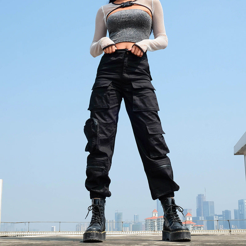 Women’s Techwear Multi-Pocket Cargo Pants –  Street Style with Zippers & Folds