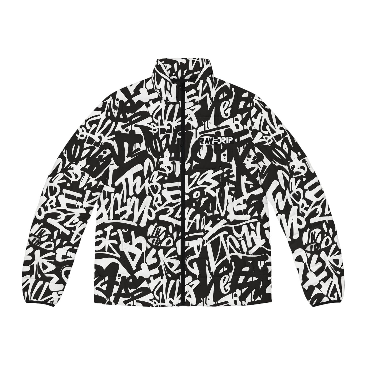 Men's Puffer Jacket with Abstract Black & White Graffiti Print