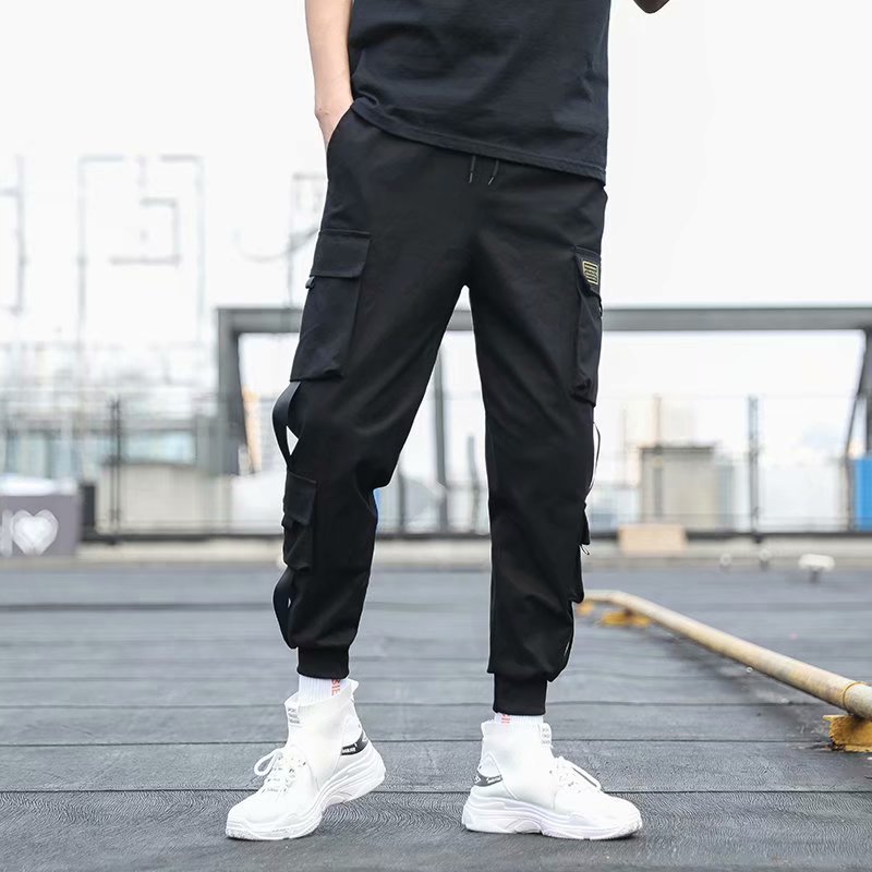 Men’s Black Techwear Cargo Pants – Functional Loose-Fit Overalls with Belt