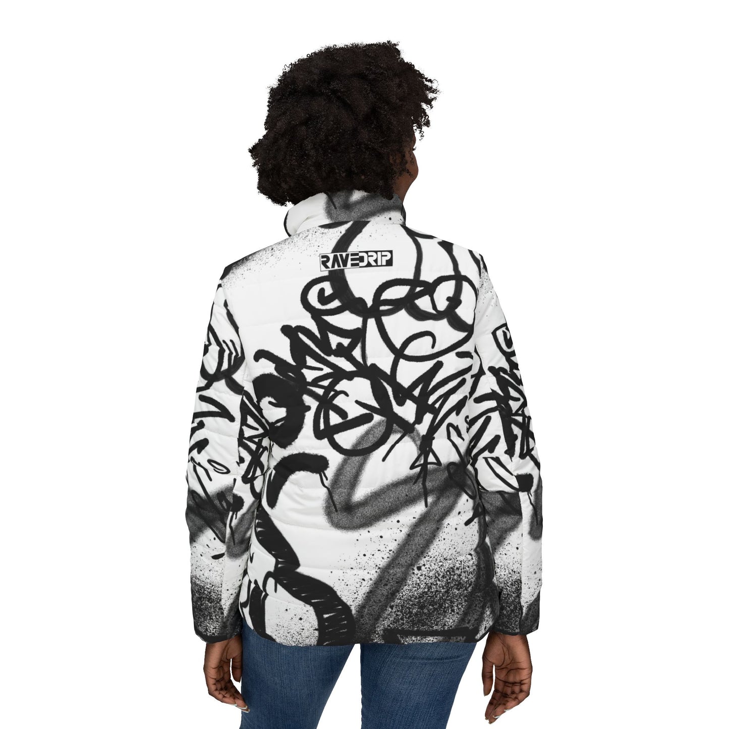 Women's White Puffer Jacket with Edgy Black Graffiti Print