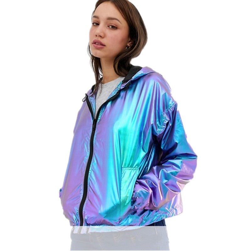 Purple Blue Metallic Loose Hooded Jacket