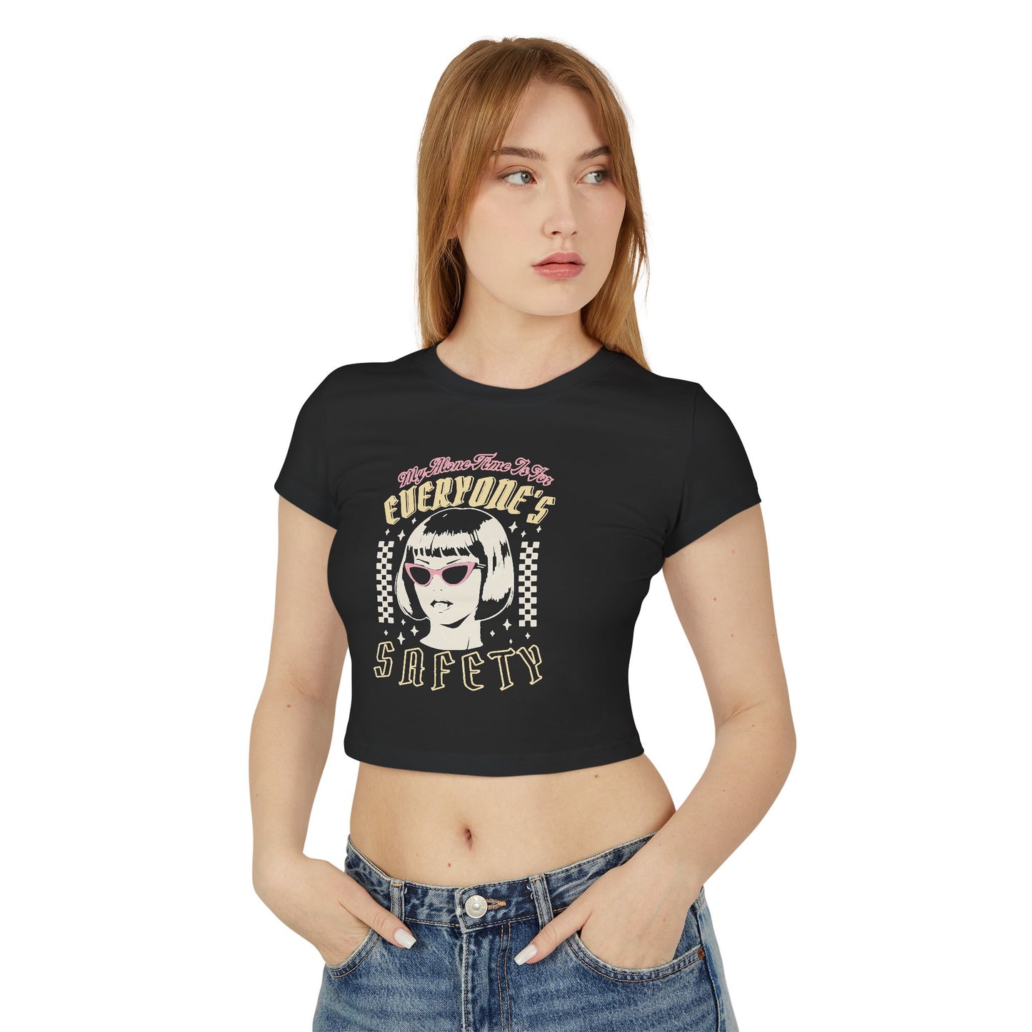 Retro Black Women's Baby Tee – 'Everyone's Safety' | Organic Cotton & Slim Fit