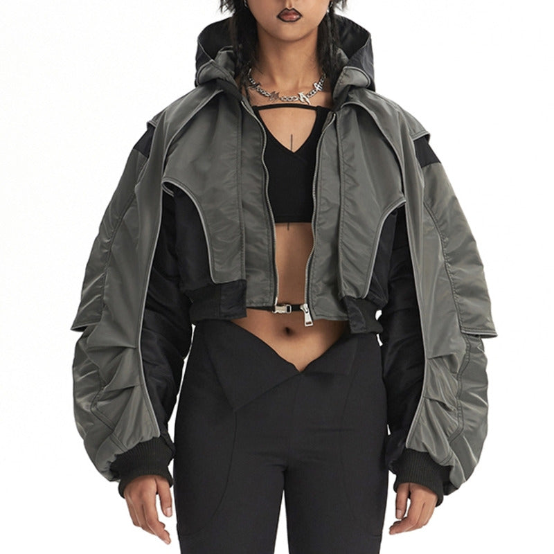 Grey Cropped Bomber Jacket for Women