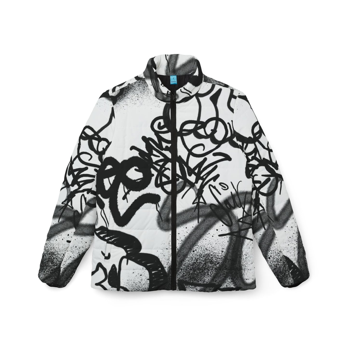 Women's White Puffer Jacket with Edgy Black Graffiti Print