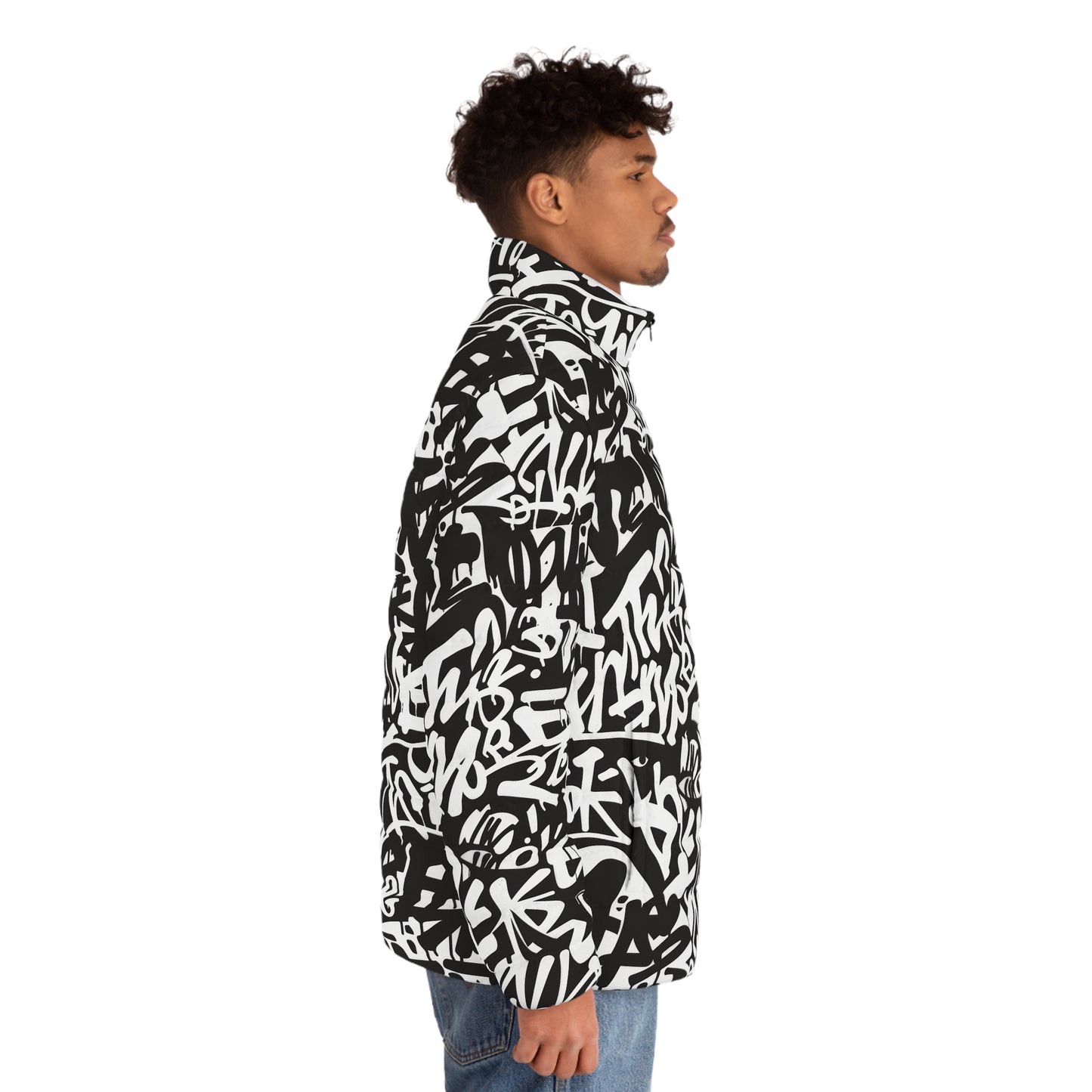 Men's Puffer Jacket with Abstract Black & White Graffiti Print