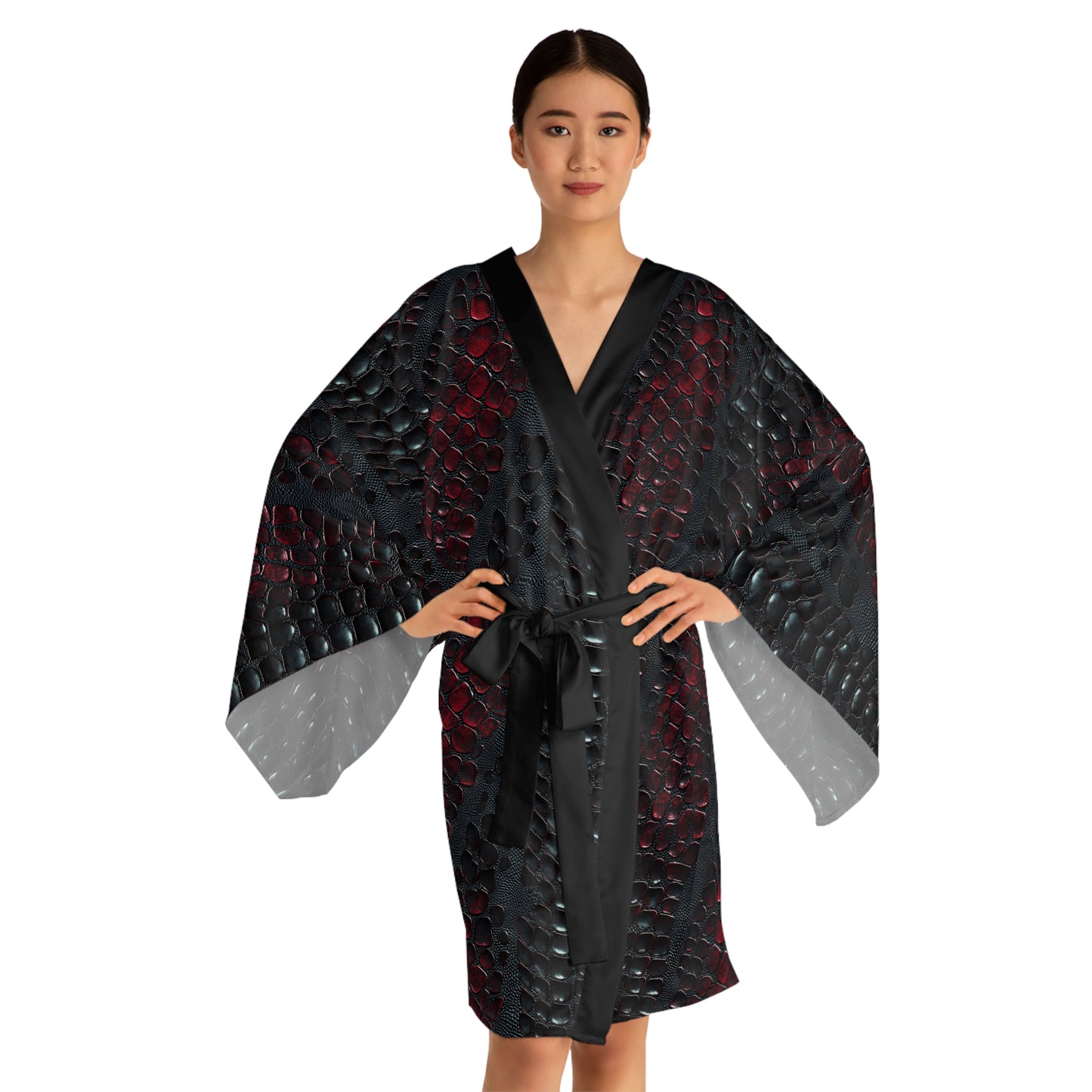 Elegant Snake-Print Long Sleeve Kimono Robe