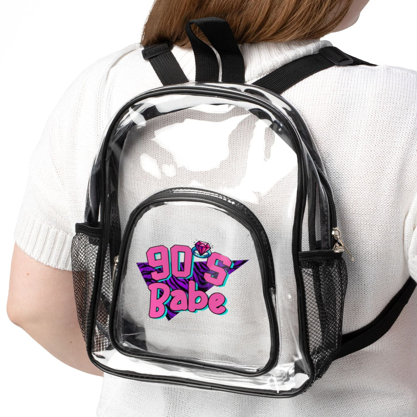 90’s Babe clear stadium backpack with adjustable straps on person