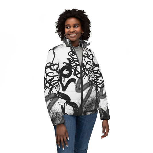 Women's White Puffer Jacket with Edgy Black Graffiti Print