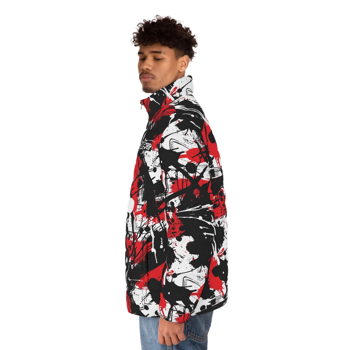 Men's Puffer Jacket with Edgy Black, Red & White Graffiti Print