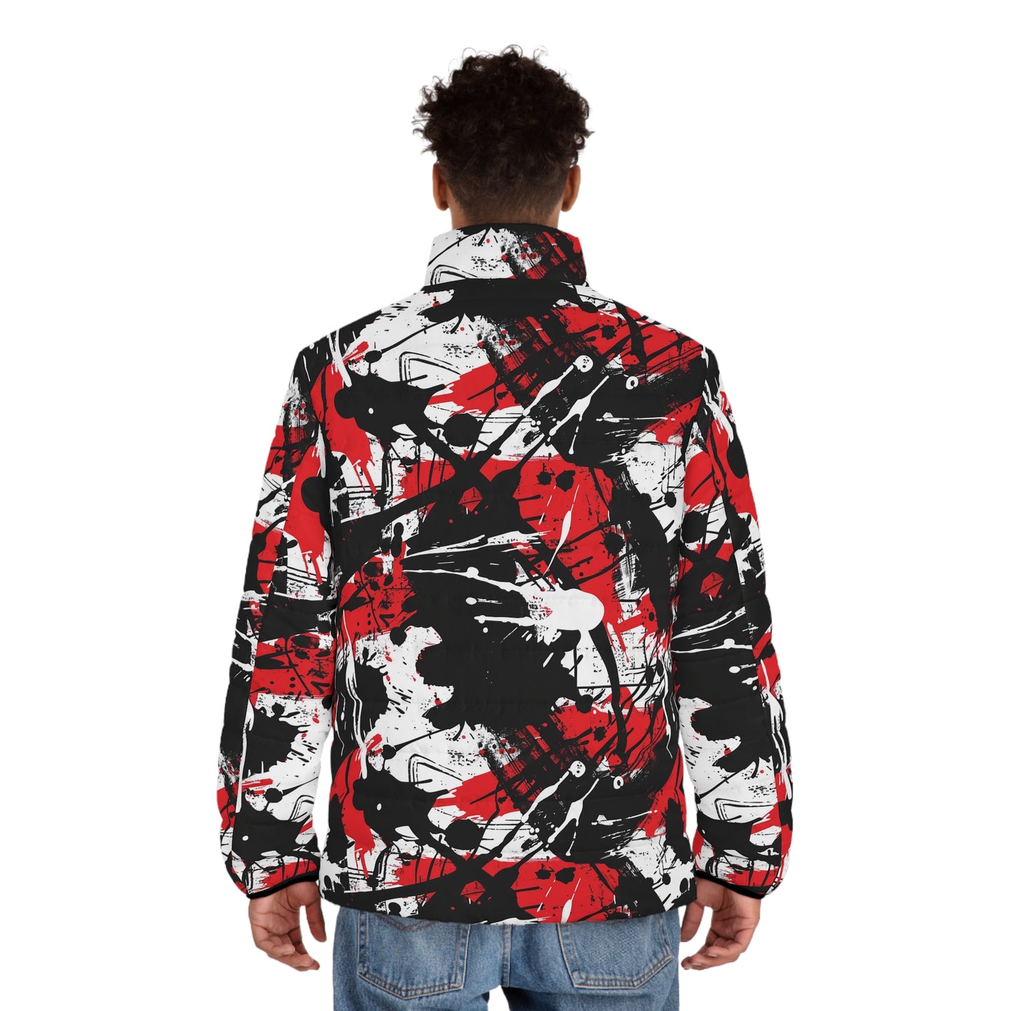 Men's Puffer Jacket with Edgy Black, Red & White Graffiti Print