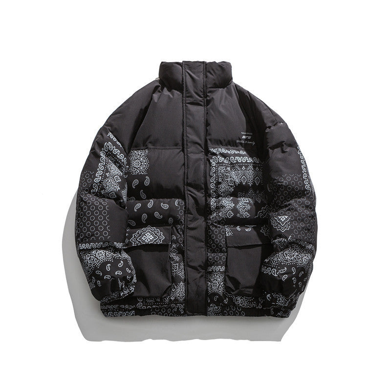 Black Puffer Jacket in Paisley Print for Men