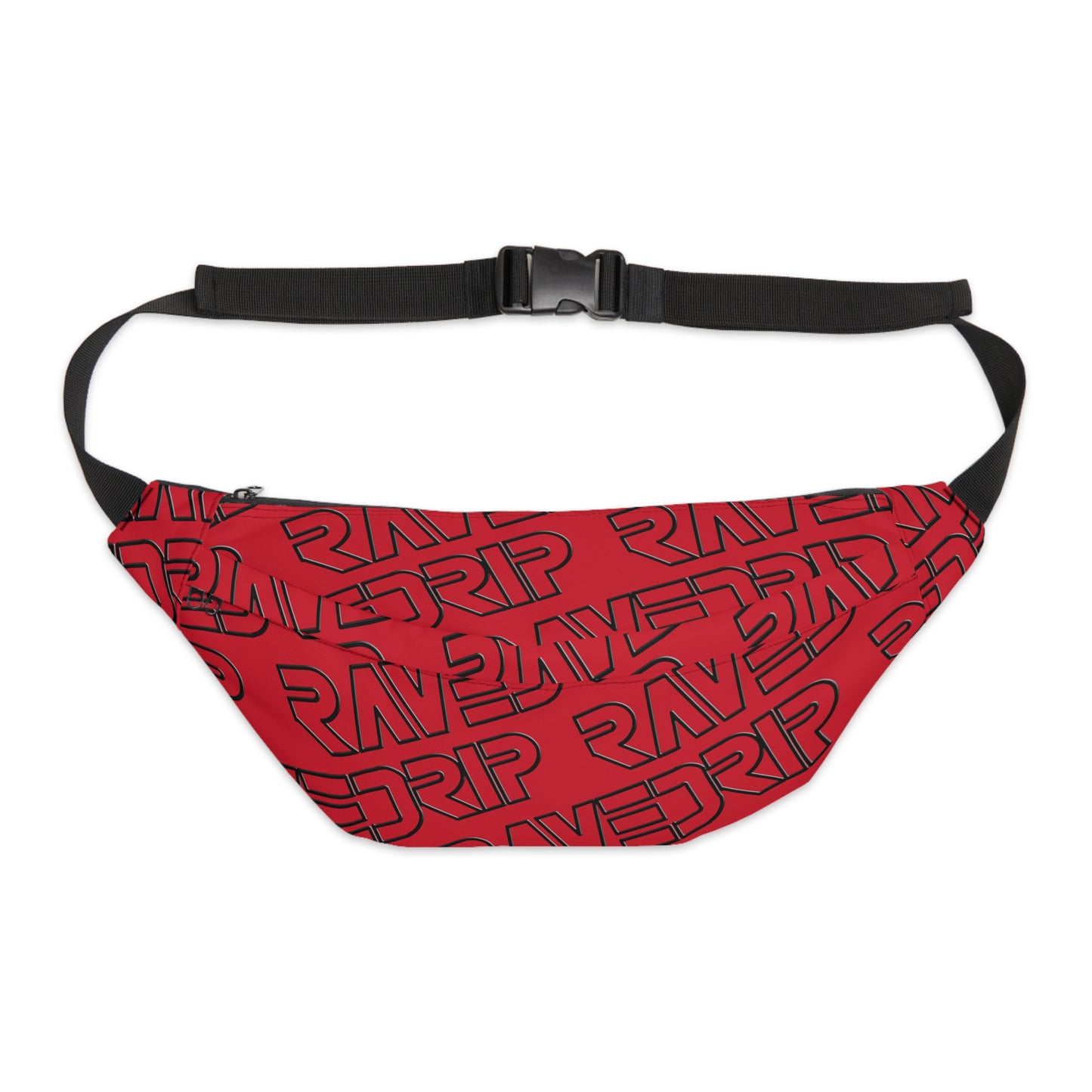 A bold red & black Rave Drip large fanny pack with vibrant prints, an adjustable waist belt, and multiple compartments for secure and stylish storage.
