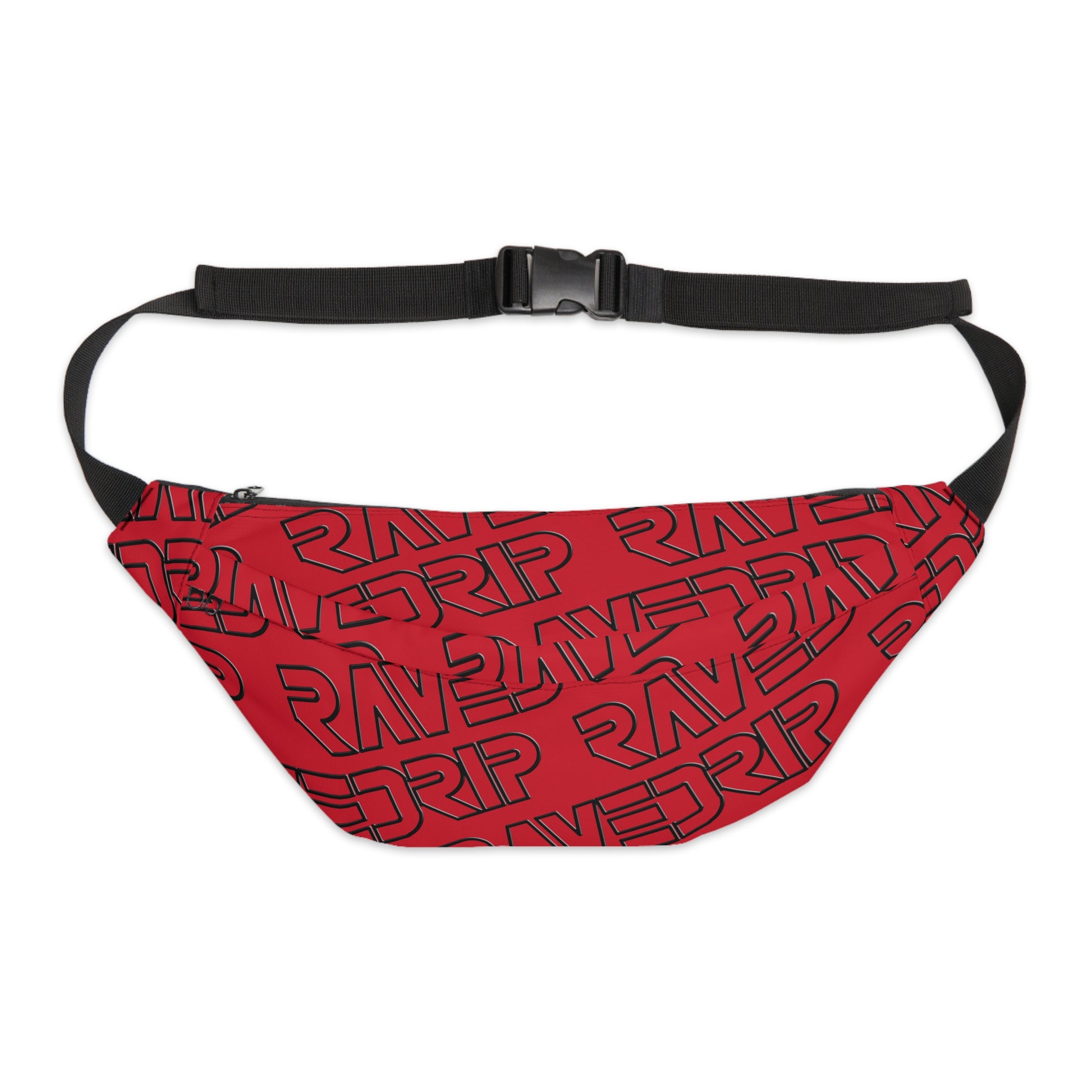 A bold red & black Rave Drip large fanny pack with vibrant prints, an adjustable waist belt, and multiple compartments for secure and stylish storage.
