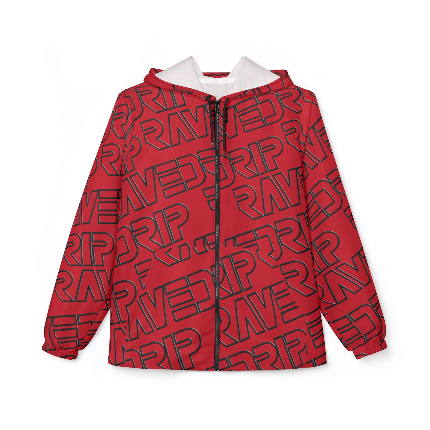 A bold red unisex windbreaker with a sleek, lightweight design, featuring water and wind resistance, spacious pockets, and a vibrant, sporty aesthetic.

