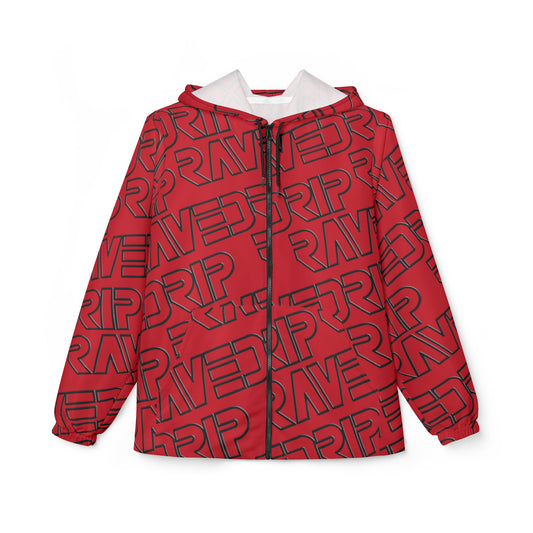 A bold red unisex windbreaker with a sleek, lightweight design, featuring water and wind resistance, spacious pockets, and a vibrant, sporty aesthetic.

