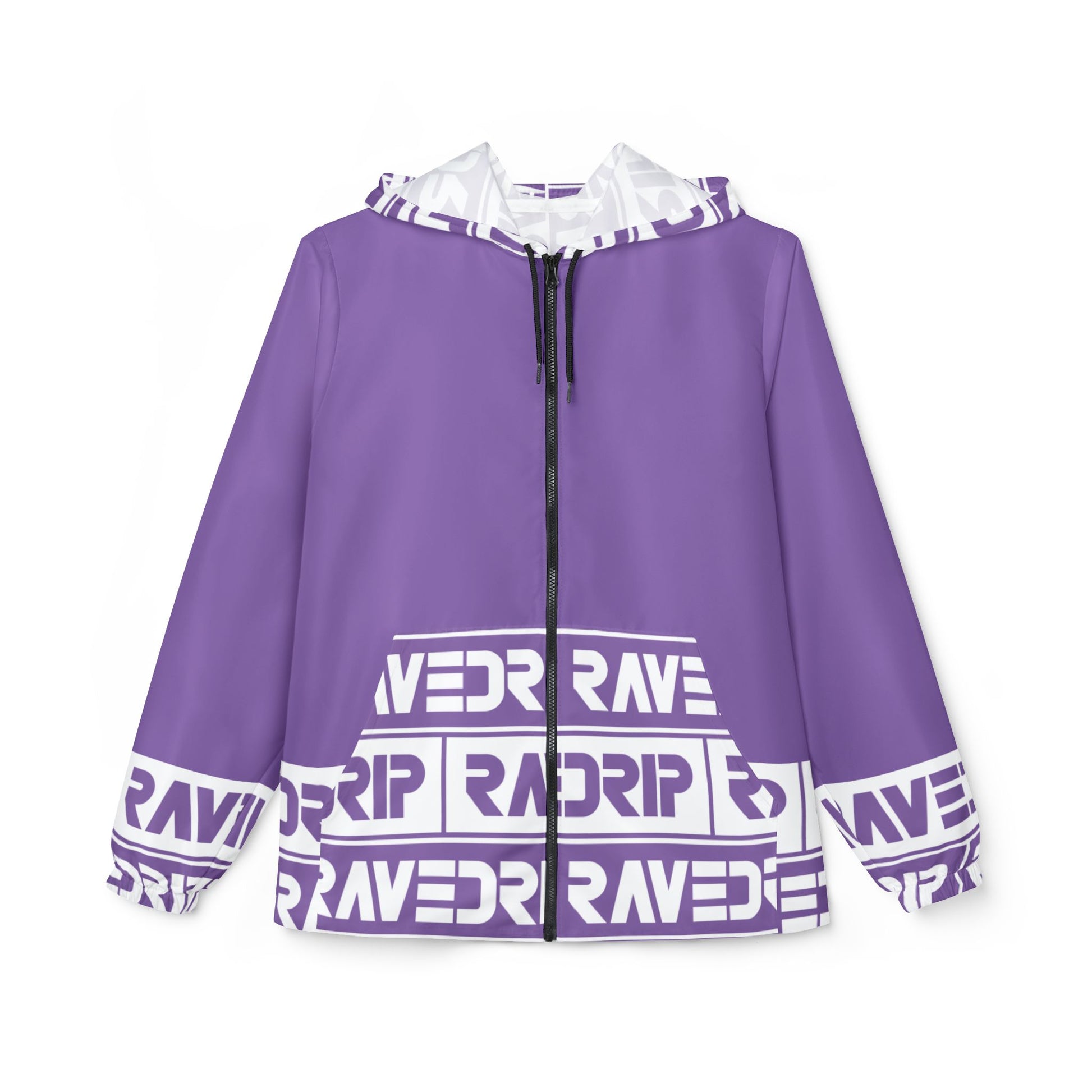 A vibrant purple graphic windbreaker with bold Rave Drip designs, lightweight, wind-resistant, and perfect for festivals and streetwear fashion.